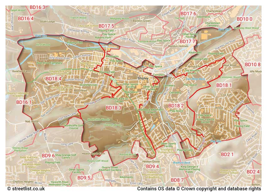 map showing postcode sectors within the BD18 district