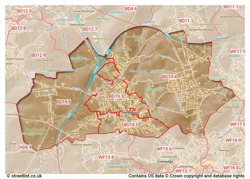 map showing postcode sectors within the BD19 district