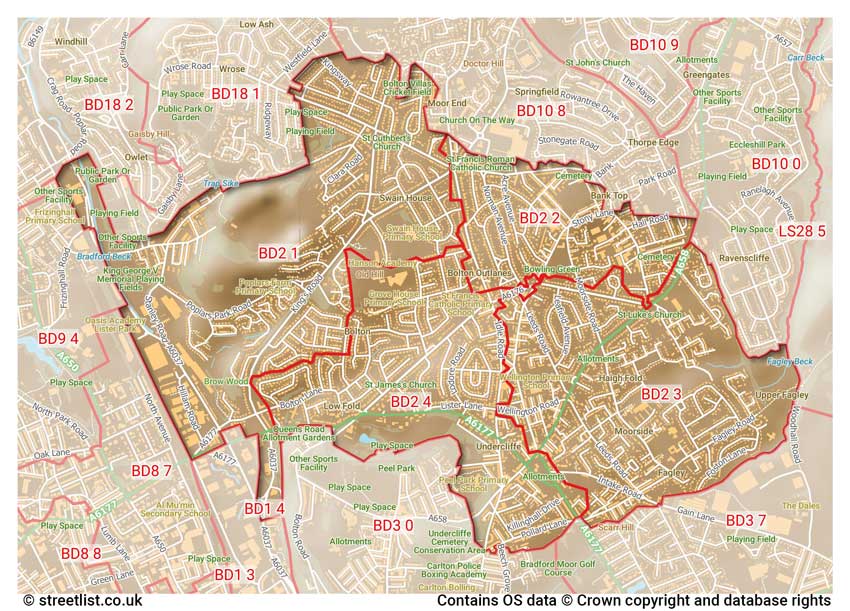 map showing postcode sectors within the BD2 district