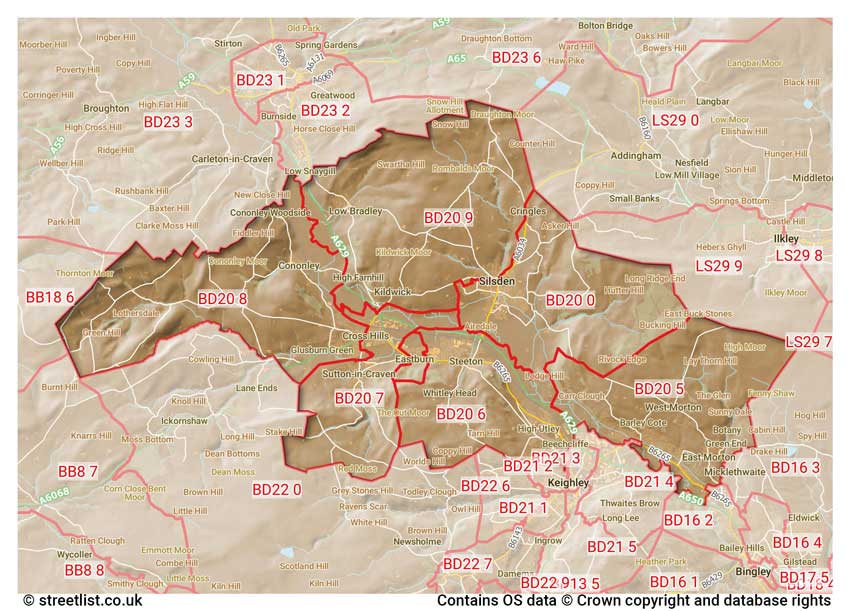 map showing postcode sectors within the BD20 district