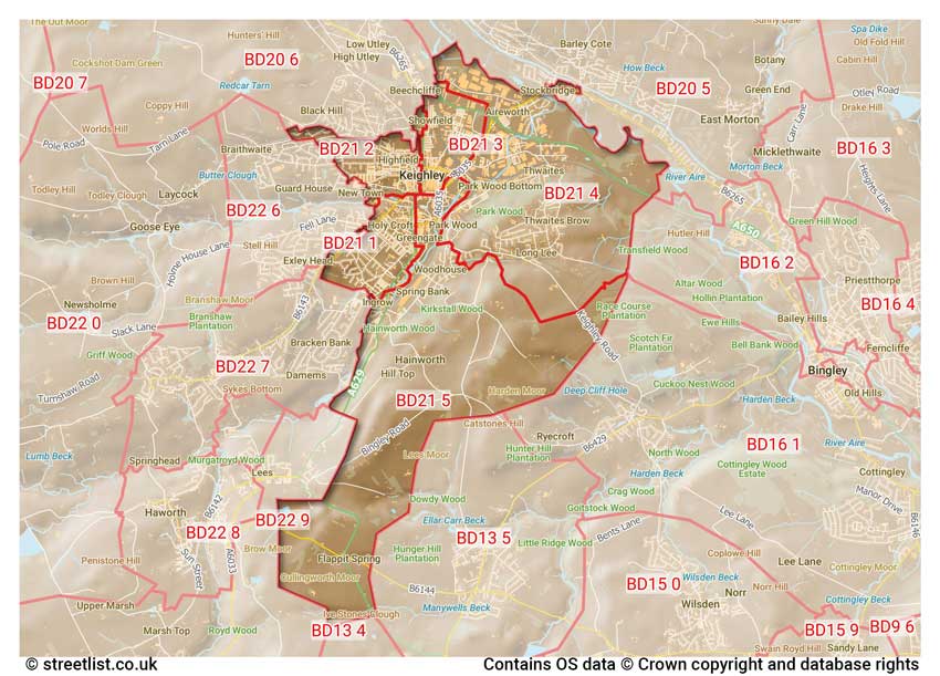 map showing postcode sectors within the BD21 district