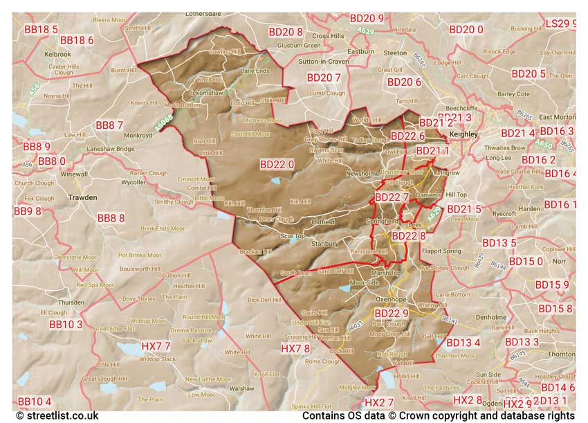 map showing postcode sectors within the BD22 district