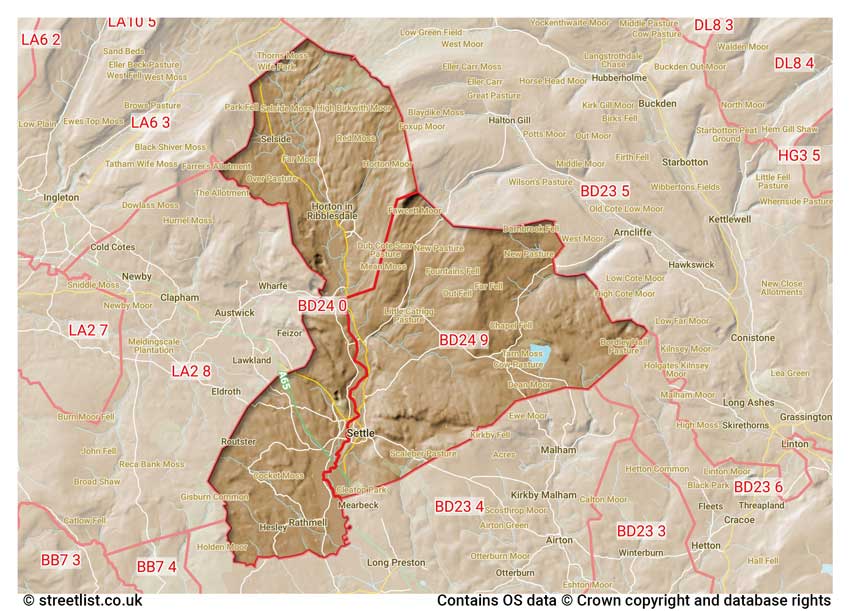 map showing postcode sectors within the BD24 district