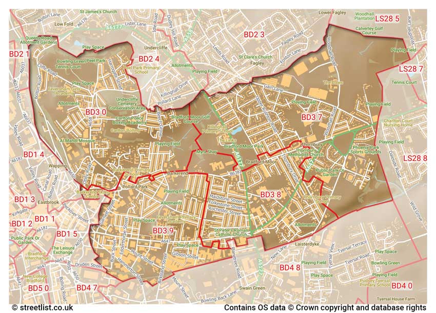 map showing postcode sectors within the BD3 district