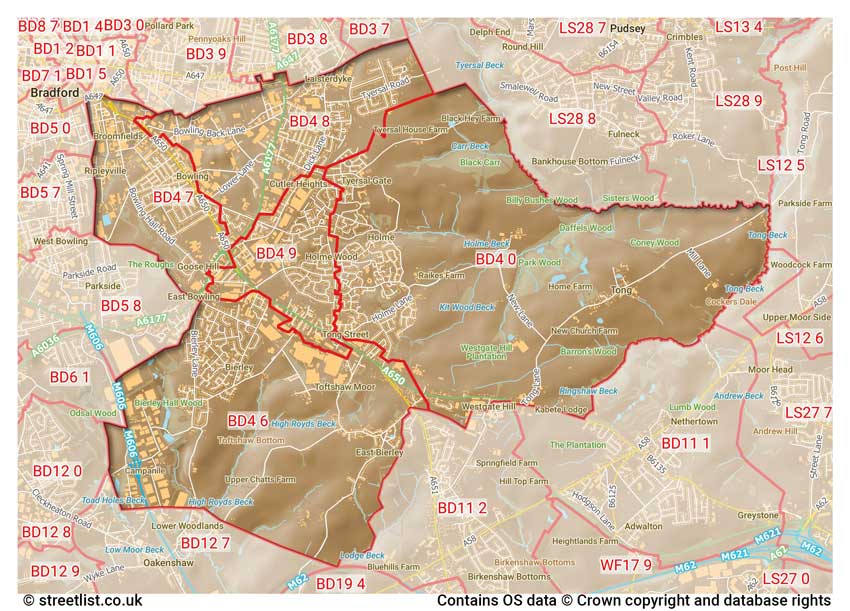 map showing postcode sectors within the BD4 district