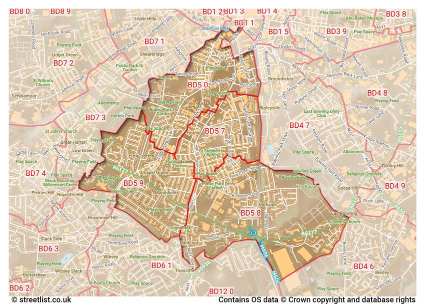 map showing postcode sectors within the BD5 district