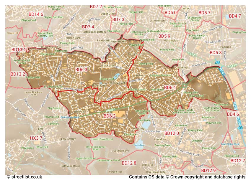 map showing postcode sectors within the BD6 district