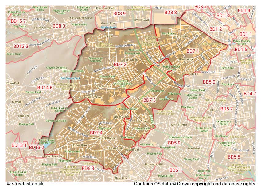 map showing postcode sectors within the BD7 district