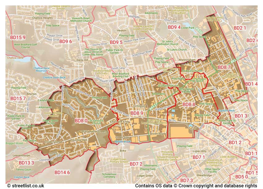 map showing postcode sectors within the BD8 district