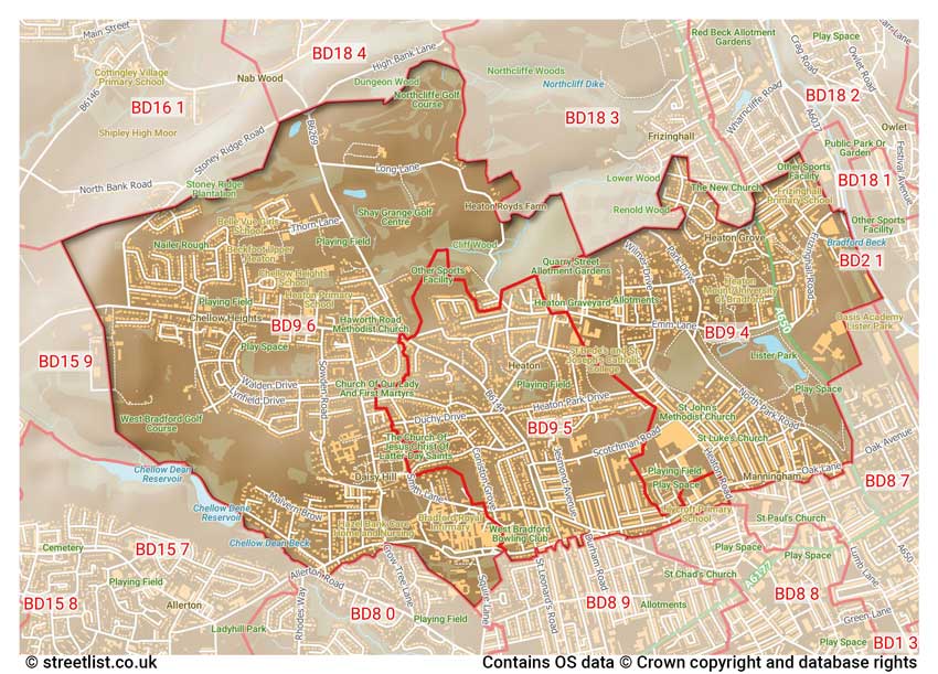 map showing postcode sectors within the BD9 district