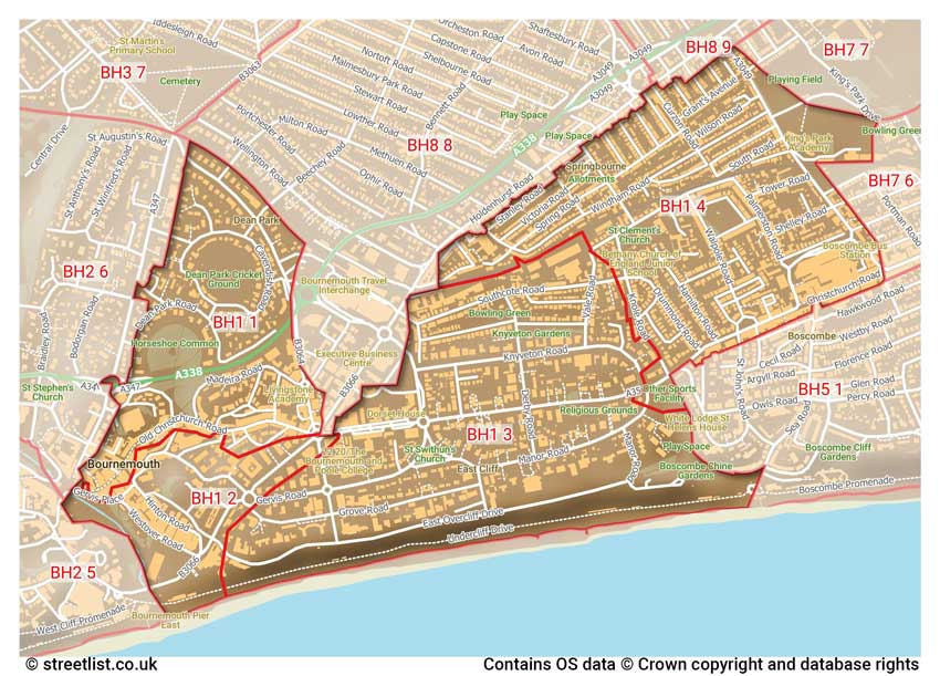 map showing postcode sectors within the BH1 district