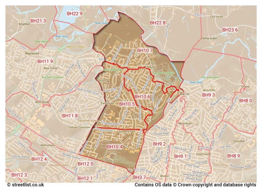 map showing postcode sectors within the BH10 district