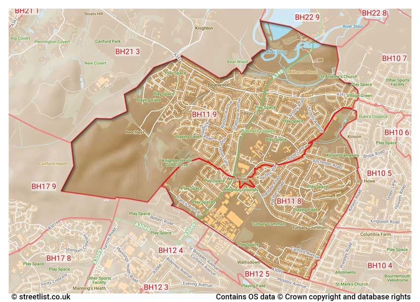 map showing postcode sectors within the BH11 district