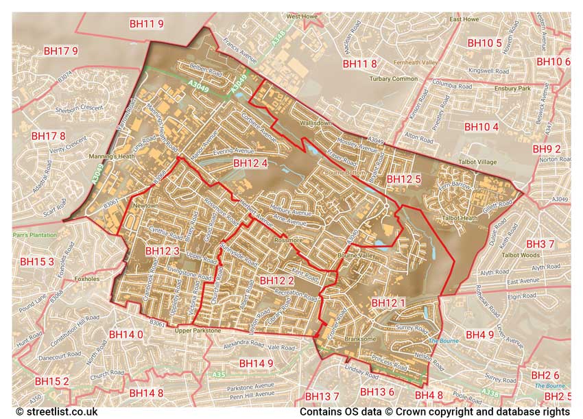 map showing postcode sectors within the BH12 district