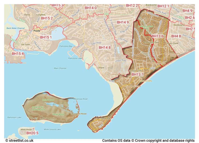 map showing postcode sectors within the BH13 district