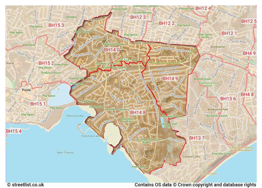 map showing postcode sectors within the BH14 district