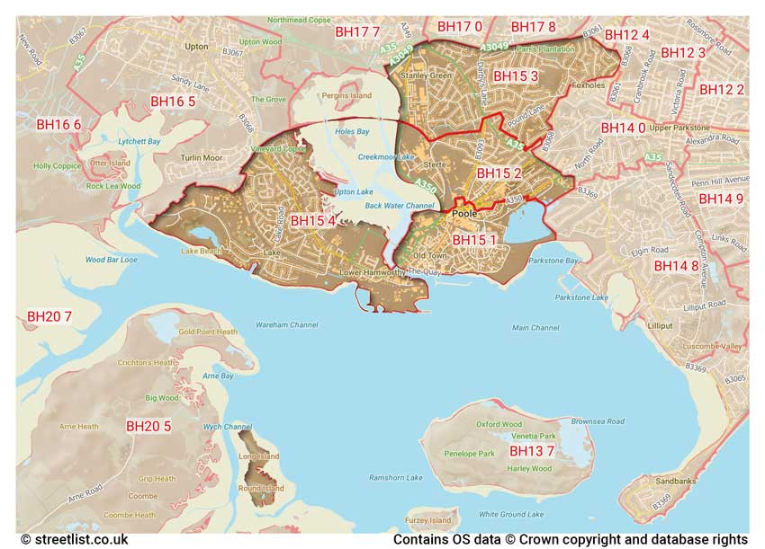 map showing postcode sectors within the BH15 district