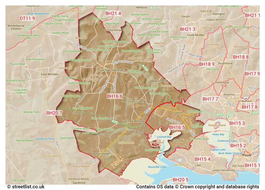 map showing postcode sectors within the BH16 district