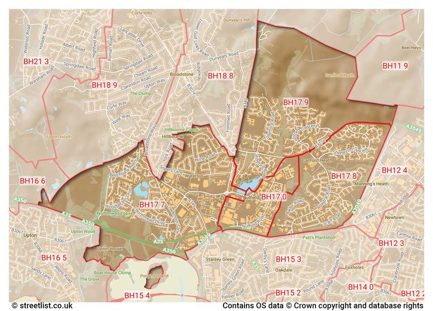 map showing postcode sectors within the BH17 district