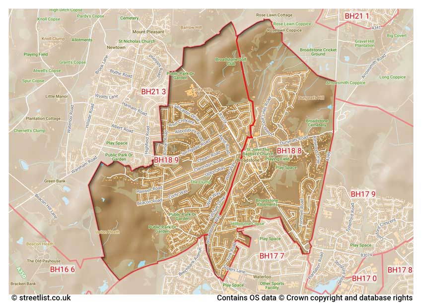 map showing postcode sectors within the BH18 district