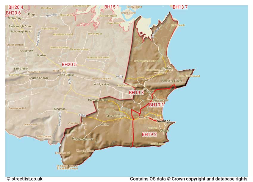 map showing postcode sectors within the BH19 district