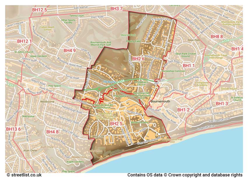 map showing postcode sectors within the BH2 district