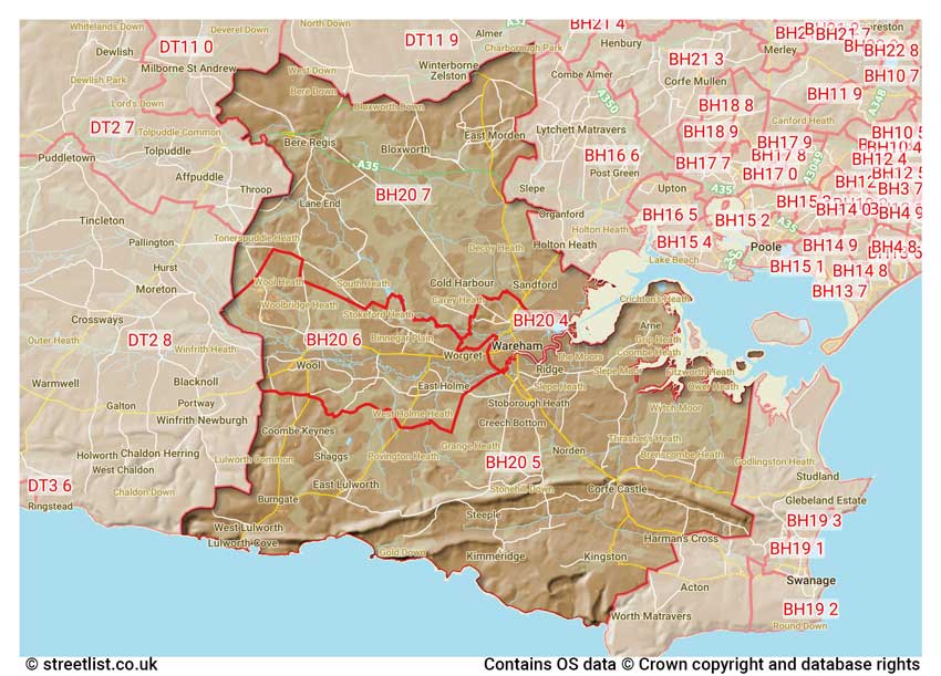 map showing postcode sectors within the BH20 district