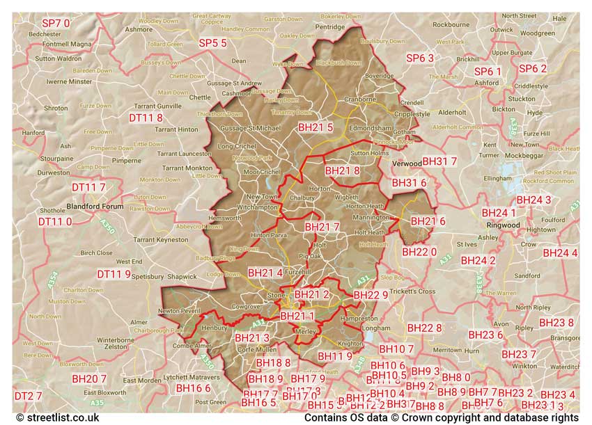 map showing postcode sectors within the BH21 district