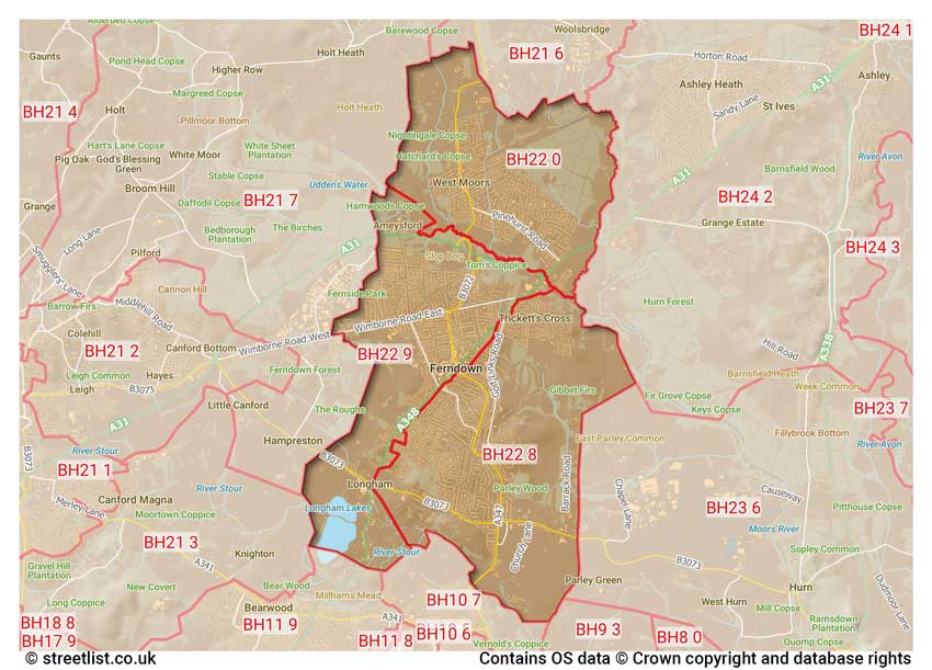 map showing postcode sectors within the BH22 district