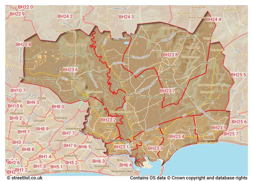 map showing postcode sectors within the BH23 district