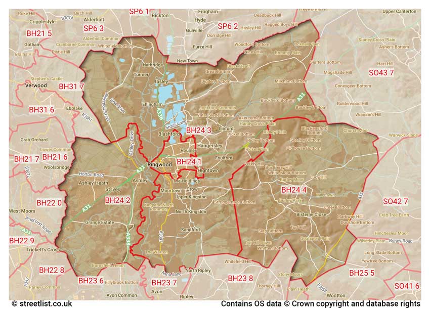 map showing postcode sectors within the BH24 district