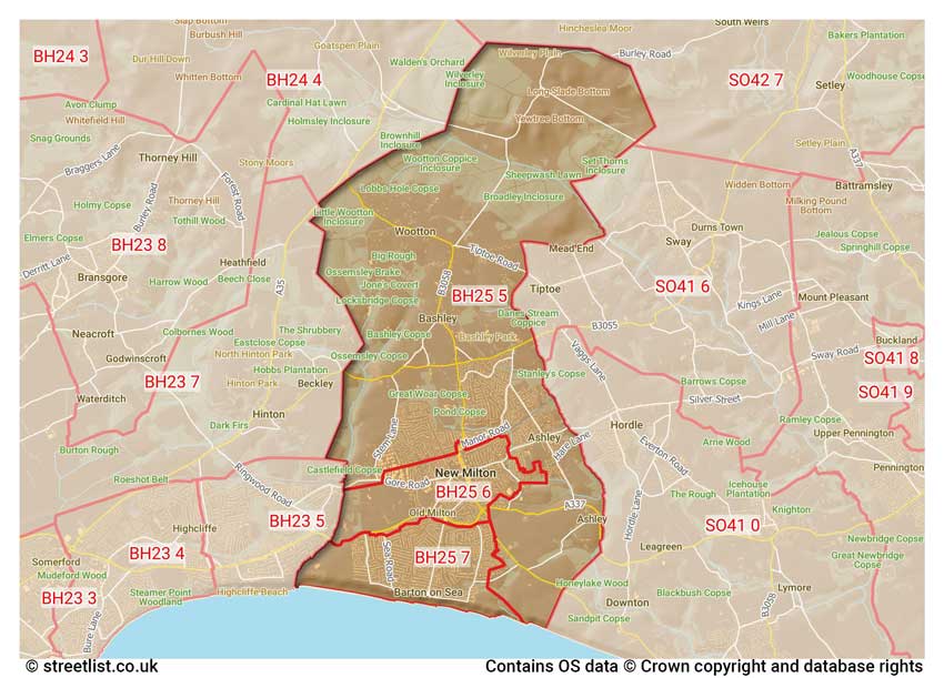 map showing postcode sectors within the BH25 district