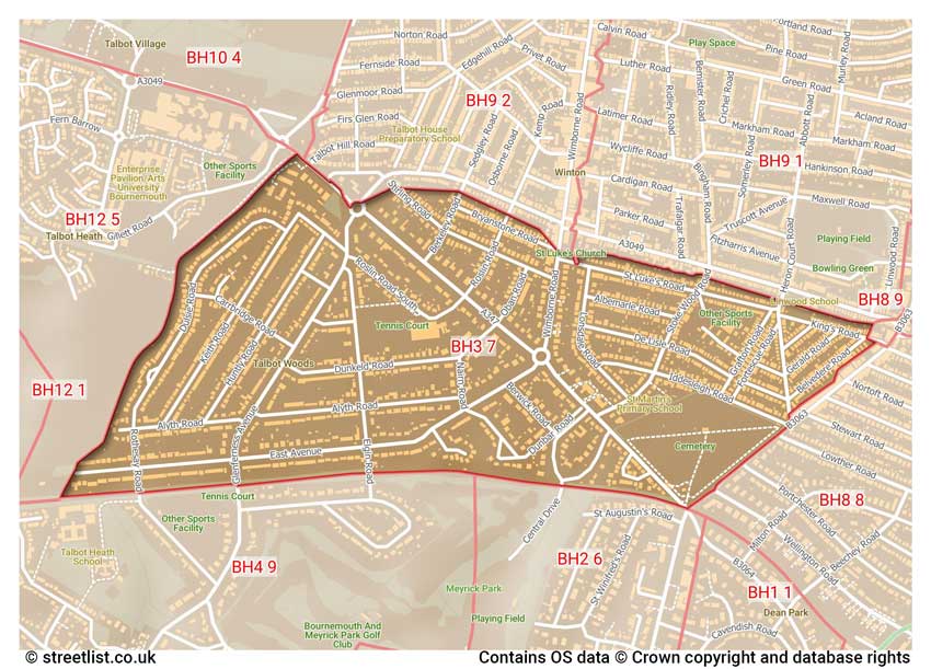 map showing postcode sectors within the BH3 district