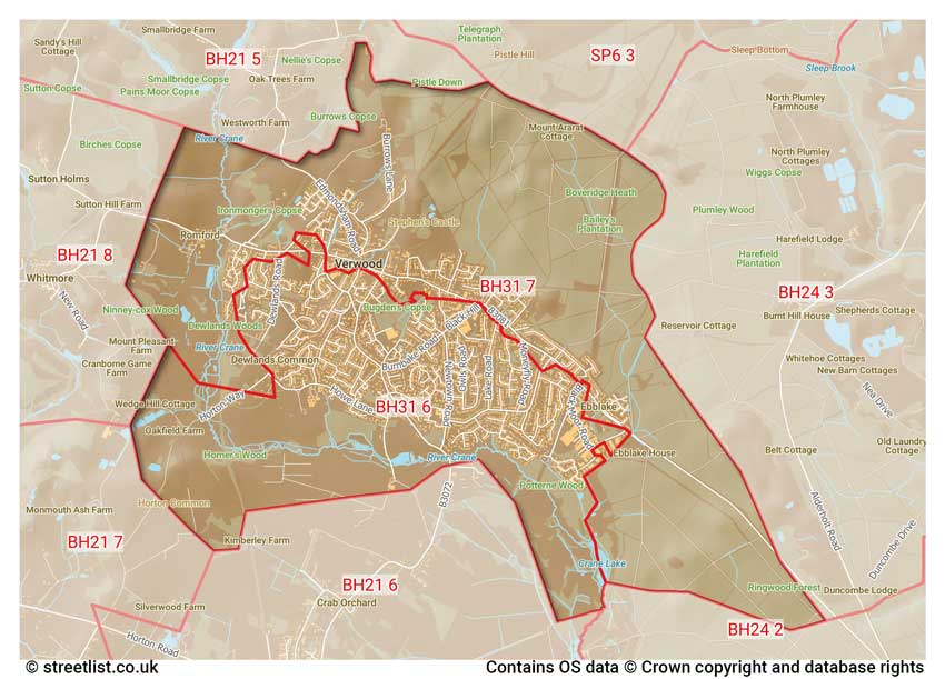 map showing postcode sectors within the BH31 district