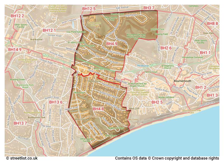 map showing postcode sectors within the BH4 district