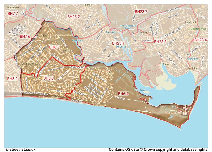 map showing postcode sectors within the BH6 district