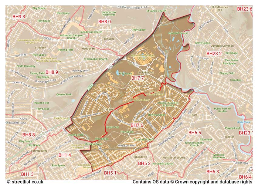 map showing postcode sectors within the BH7 district