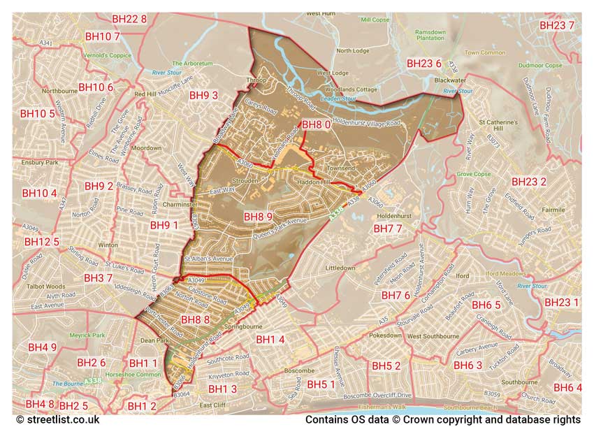 map showing postcode sectors within the BH8 district