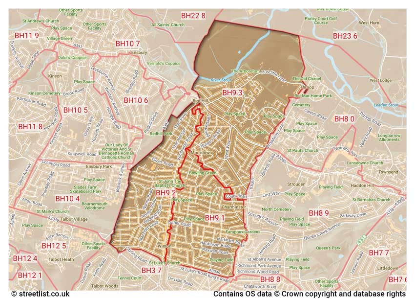 map showing postcode sectors within the BH9 district