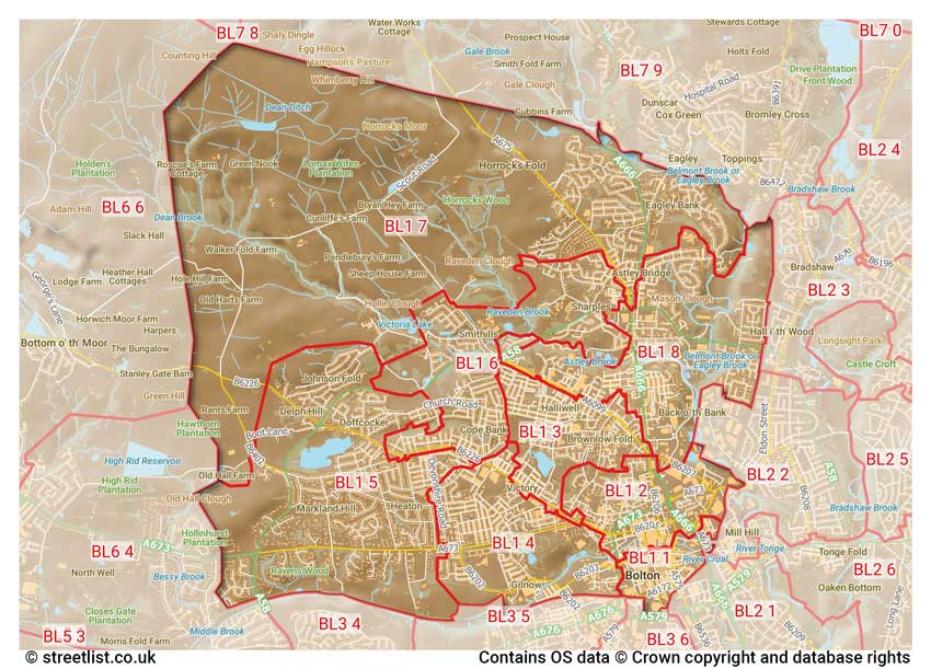 map showing postcode sectors within the BL1 district