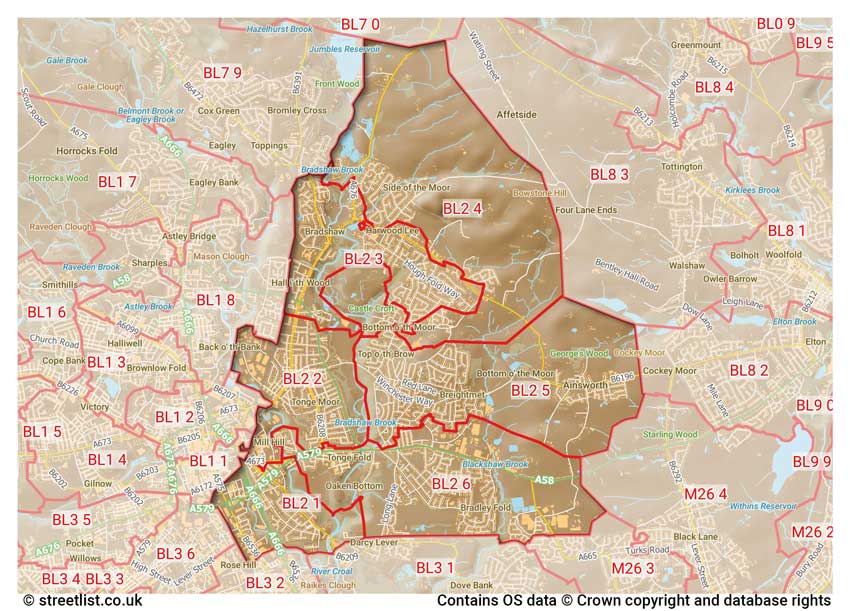 map showing postcode sectors within the BL2 district