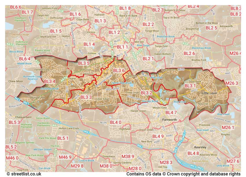 map showing postcode sectors within the BL3 district