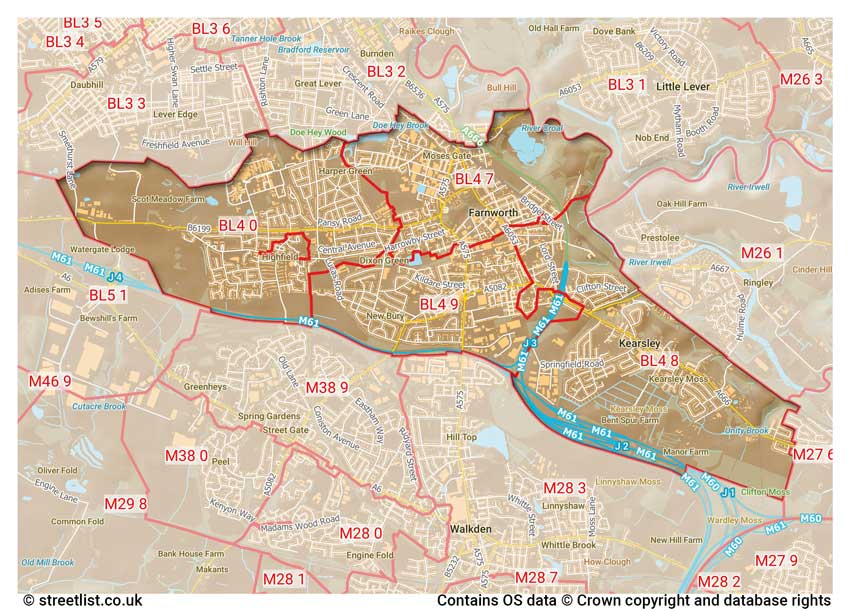 map showing postcode sectors within the BL4 district