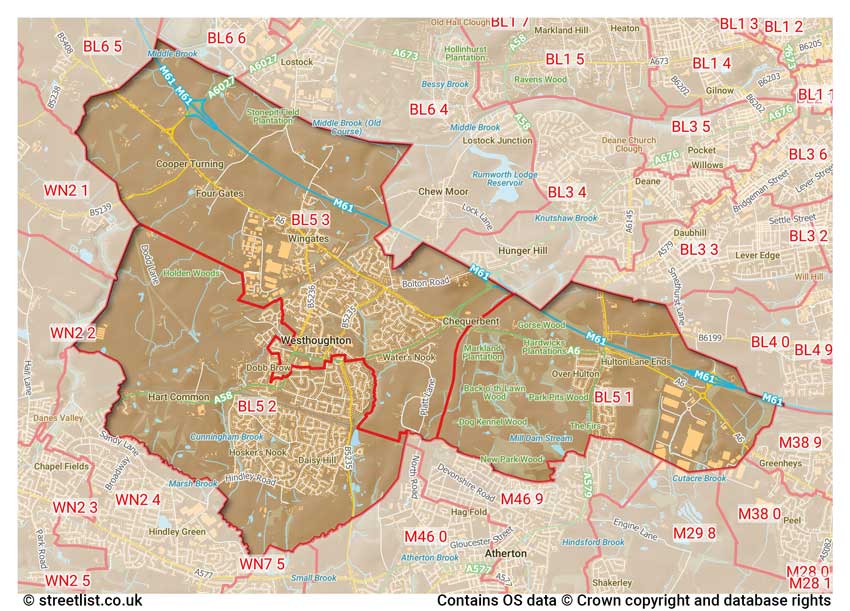 map showing postcode sectors within the BL5 district