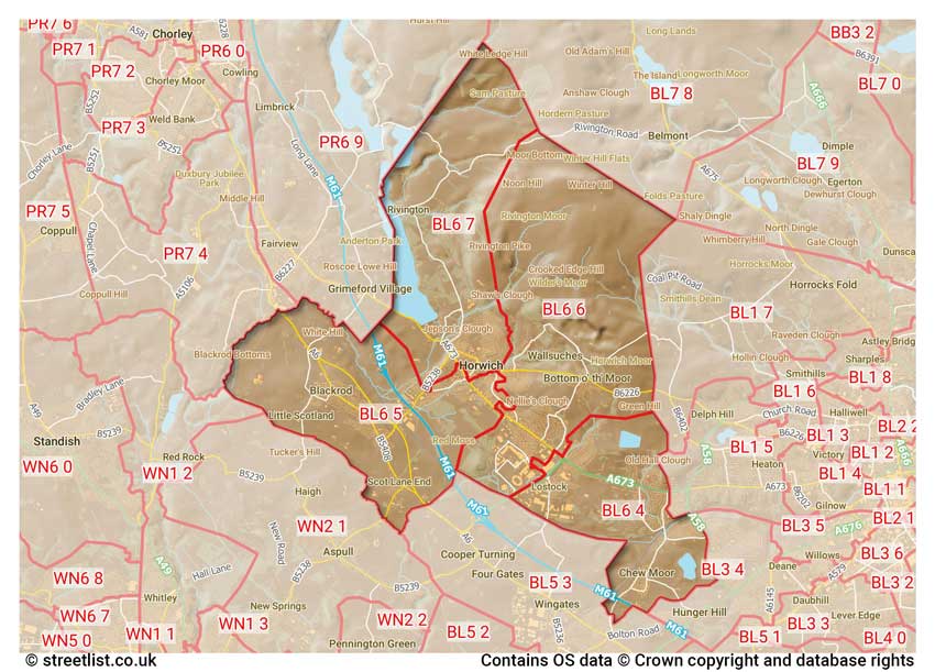 map showing postcode sectors within the BL6 district