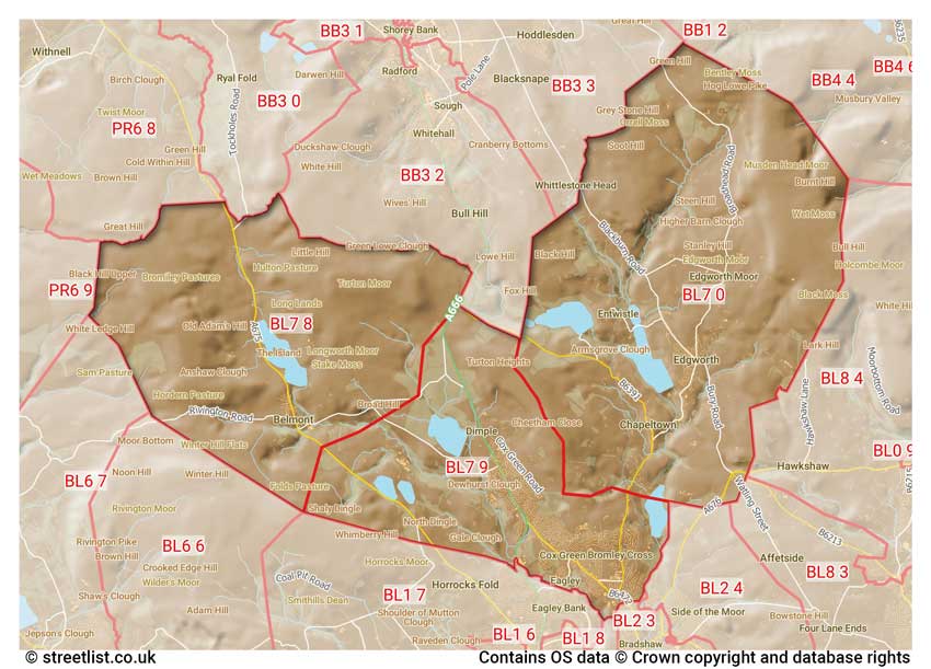 map showing postcode sectors within the BL7 district