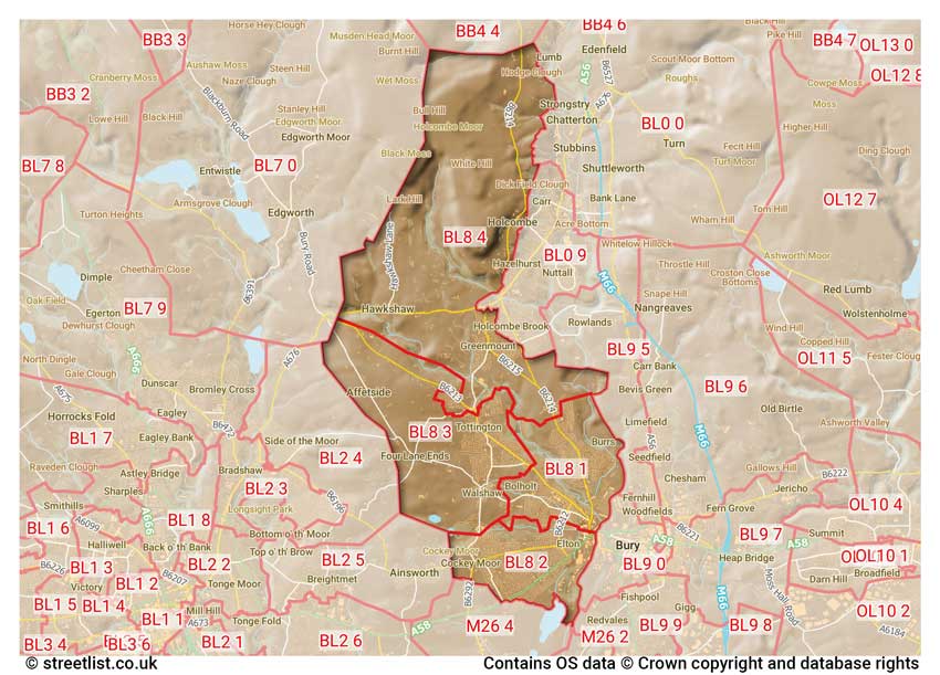 map showing postcode sectors within the BL8 district