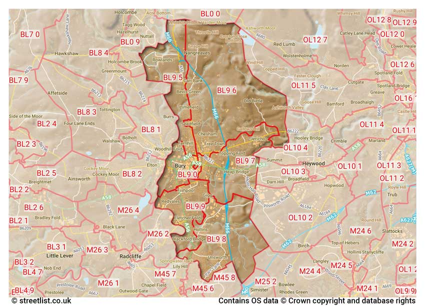 map showing postcode sectors within the BL9 district