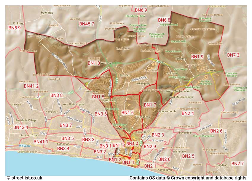 map showing postcode sectors within the BN1 district