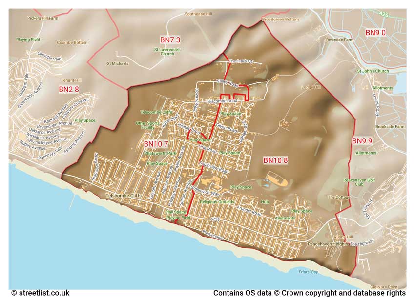 map showing postcode sectors within the BN10 district